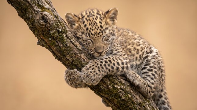 Sleeping Baby Leopard Resting on Tree Branch, Sleeping Leopard Cub Resting on Branch in Nature