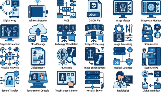 Medical Radiology Information Systems and PACS Workflow Icon Set Featuring Diagnostic Imaging Digital Scanners and Hospital Database Vector Graphics