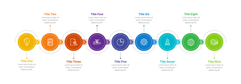 Timeline infographic presentation template with 9 steps or options. Nine phase process infographics timeline with circles, arrows, and icons. Vector.