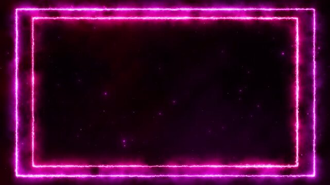 Neon pink electric frame glowing rectangle border, smoky purple texture, center space, energetic plasma edges. for music videos, gaming screens, social titles, party intros, modern motion overlays.