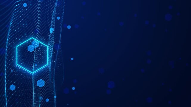Abstract cyan hexagonal mesh visual dotted wave surface, glowing polygon elements, dark blue space. technology explainers, medical graphics, science intros, network promos, animated overlays.