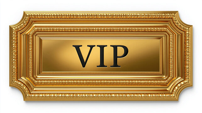 Golden VIP Emblem: An elegant golden emblem with the inscription VIP is presented in a luxurious, ornate frame, signifying exclusive status and privilege.