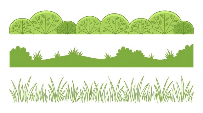 Set of green grass and bush borders