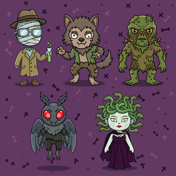 Halloween vector illustration with spooky urban legends and folklore monsters.