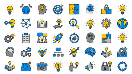 Comprehensive collection of business and creativity icons representing innovation, brainstorming, strategic planning, problem solving, teamwork, and startup ideas in a modern flat linear style. © Ayong