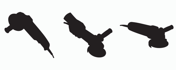 Black silhouettes of handheld power tools including an electric drill, angle grinder, and chainsaw, isolated on a white background. Ideal for construction, woodworking, DIY, engineering,  © MD Rokib Adobe