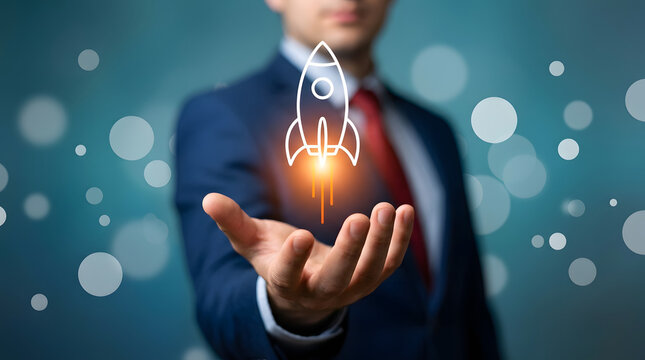 Businessman in suit holding glowing rocket icon above hands with blue bokeh background, formal