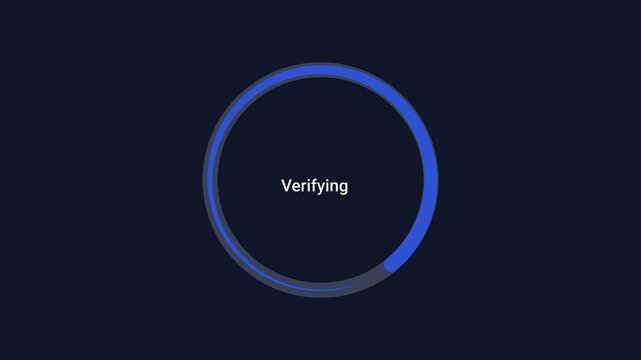 Minimal animated circular progress ring displaying verifying status on a dark background. Modern motion graphic for verification, authentication, system validation, and technology interfaces.