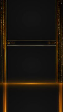 Black gold luxury panel layout glowing side particle rain, clean dark copy spaces, elegant thin line frames. premium titles, event schedules, product showcases, wedding screens, award reels, templates
