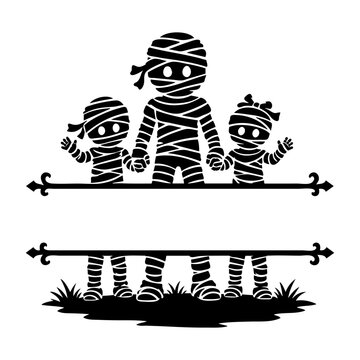 Cute Mummy Family Monogram Frame SVG, Halloween Name Sign, Spooky Blank Banner, Personalized Laser Cut Vector Silhouette Design