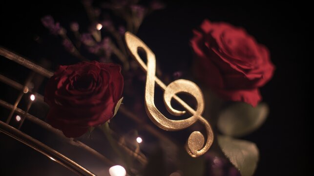 Golden music note with red roses in a dark setting at an evening event