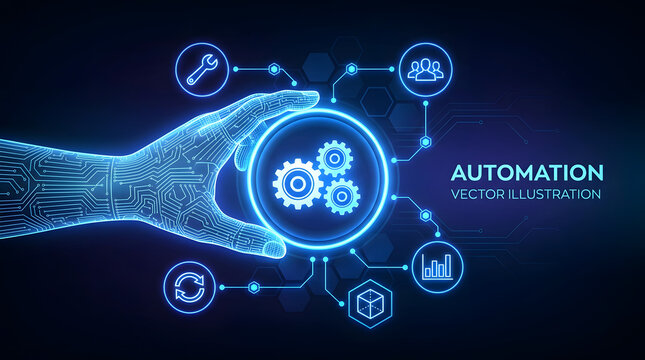 Futuristic robotic hand holding glowing gears with automation icons and circuit patterns vector