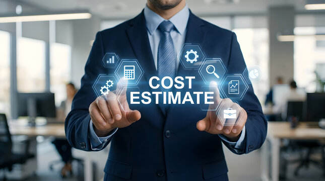 Professional in suit interacting with glowing cost estimate interface in modern office, businessman