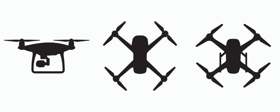 Collection of quadcopter drone silhouettes isolated on white background. Black vector illustrations featuring aerial drones from front and top views, ideal for aerial photography, surveillance, 