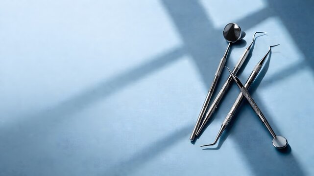 Dental instruments on a blue background. Professional metal tools for dental examination and hygiene procedures. Stomatology concept and medical equipment for dentist dental care.