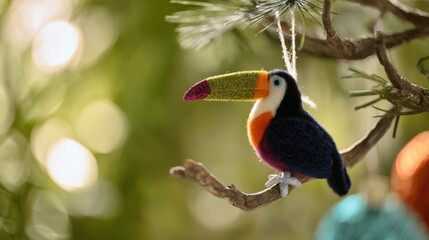 Obraz premium Colorful toucan ornament hanging from a branch during a holiday celebration