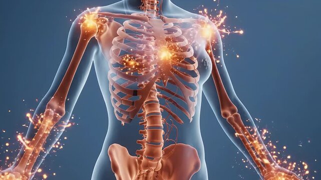 3D Anatomical Rendering Of Lower Body Skeleton And Femur Bones With Glowing Joint Pain Effect