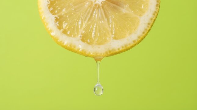 Fresh lemon slice with a water drop dripping on green background