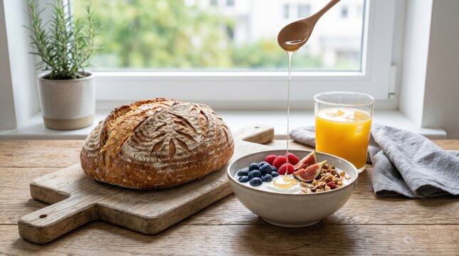 Healthy breakfast setup with rustic bread loaf, yogurt bowl topped with fresh berries and figs, honey dripping from spoon, orange juice glass on wooden table near window, repres...