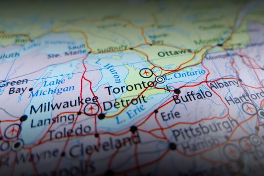 Map of Toronto with shadowed top and bottom. Selective focus on label, close-up view