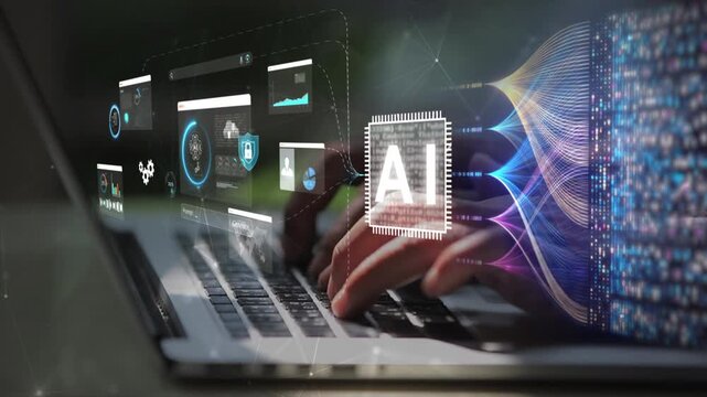 woman analyst uses a computer AI artificial intelligence and dashboard for data business analysis and Data Management System with KPI and metrics connected to the database for technology finance,