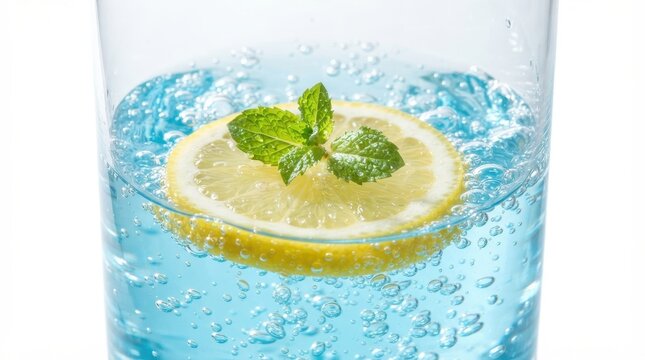Lemon slice and mint in blue sparkling water