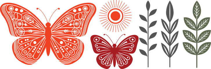 Bohemian Style Butterfly and Botanical Vector Elements Set Featuring Decorative Folk Art Butterflies Radiant Sun and Ornate Branch Silhouettes © Kuddus