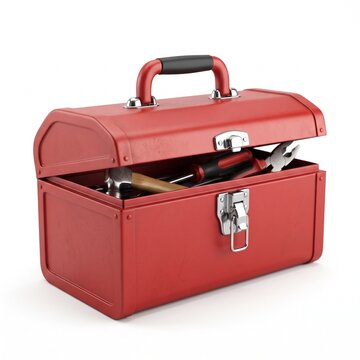 Red Metal Toolbox Partially Open with Screwdriver and Pliers on White Background