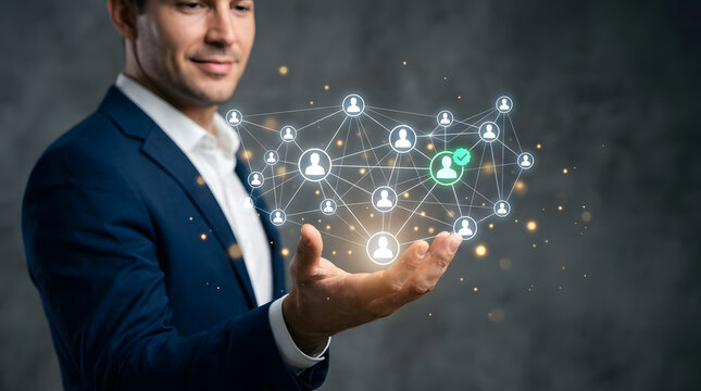 Businessman in blue suit holding a glowing digital network of connected people icons, professional