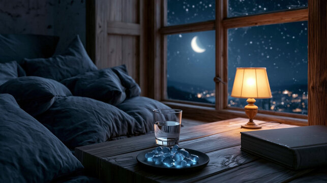Cozy Night In: A tranquil scene unfolds with plush cushions, a glowing lamp, and a glass of water on a rustic table.