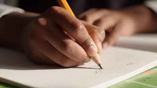 Close Up Of Child Hand Writing With Yellow Pencil In Notebook Doing Homework