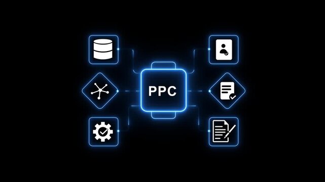 Digital advertising and ppc marketing strategy concept with futuristic glowing circular interface and icons, strategic search engine optimization and online platfrom background