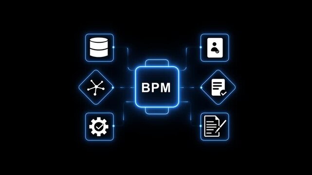Business process management bpm HUD animation showing workflow optimization and efficiency icons for corporate system videos. 4k motion video.