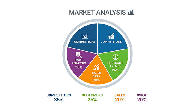 Market analysis pie chart infographic with business statistics