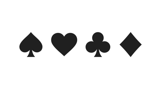 Black and White Playing Card Suit Icons Collection Featuring Spade Heart Club Diamond Symbols Classic Casino Poker Game Deck Outline Vector
