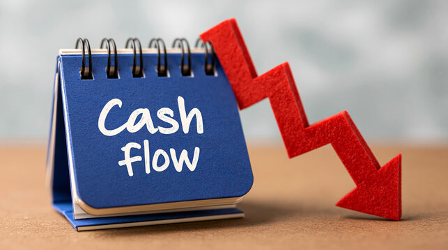 Cash Flow Decline: A visual representation of financial hardship, featuring a desk calendar displaying Cash Flow with a steep red arrow pointing downwards, symbolizing a negative trend.
