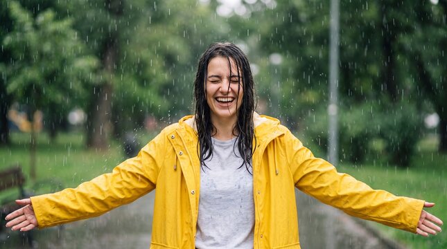 Young woman in yellow raincoat stands with arms outstretched, enjoying rain in a park with green trees and blurred background
