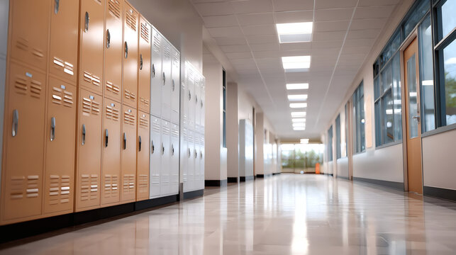 Bright, empty school corridor with lockers and classrooms. Modern design, clean, spacious hallway interior, perfect for education or architecture themes.