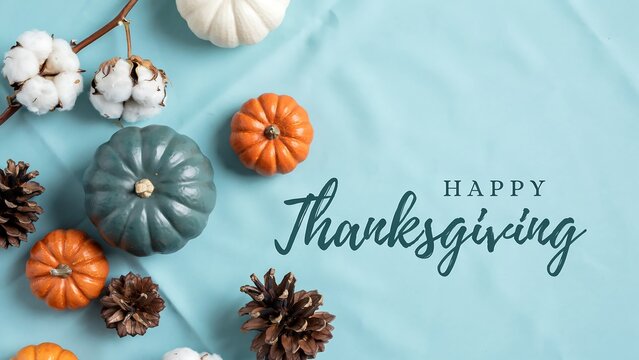 Autumn gourds pinecones and cotton bolls arranged on a blue surface with thanksgiving lettering mini pumpkins small decorative