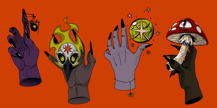 Vector set of witch hands holding magic items. Scary female fingers with spooky spider, crown skull, esoteric crystal ball and mushroom, mystic witchcraft symbols for Halloween horror banner design