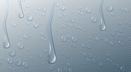 Obraz premium Realistic water droplets on transparent glass surface. Vector illustration of rain drops, natural wet texture with moisture beads and condensation overlay effect, seamless dew pattern, shower wall