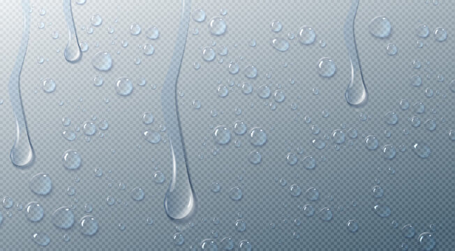 Realistic water droplets on transparent glass surface. Vector illustration of rain drops, natural wet texture with moisture beads and condensation overlay effect, seamless dew pattern, shower wall
