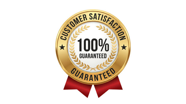 Gold badge with red ribbon displaying 100% customer satisfaction guarantee and laurel wreath design