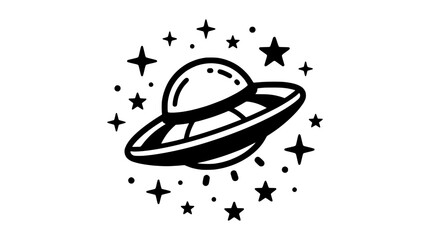 UFO flying saucer surrounded by stars, retro sci-fi illustration © Muhammad