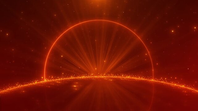 Red cosmic horizon with glowing arc, sun sphere, particles, and dramatic sci fi light rays. space intros, planet reveals, trailer titles, energy scenes, cinematic transitions, motion overlays.