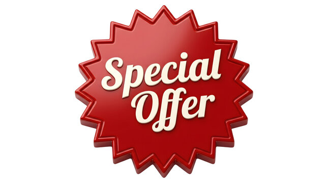 Red star-shaped badge with glossy finish displaying white cursive Special Offer text on plain white