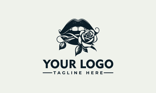 Elegant lips biting rose flower logo design template vector