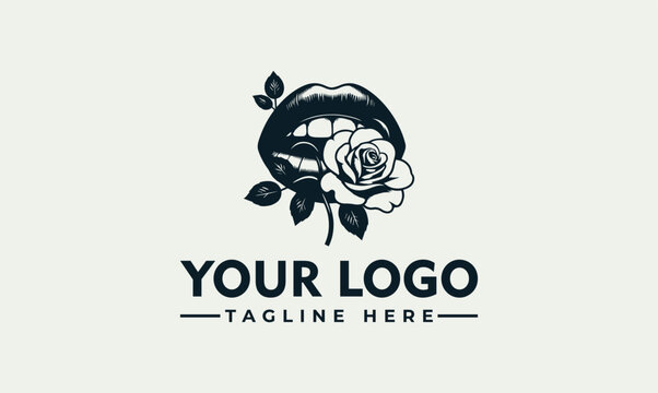 Vintage retro lips biting rose logo design template