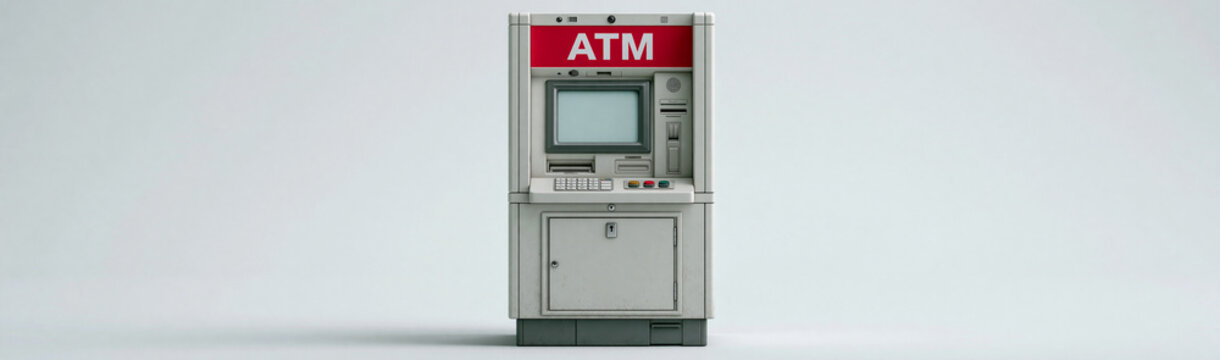 Automated Teller Machine: A standalone ATM unit stands ready for transactions, its display screen illuminated, offering convenient financial services.