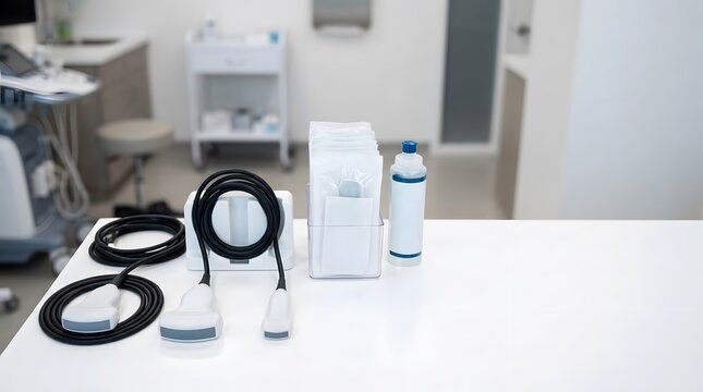organized ultrasound transducers with sterile supplies on modern diagnostic workstation in clean medical examination room with healthcare equipment ready for patient imaging